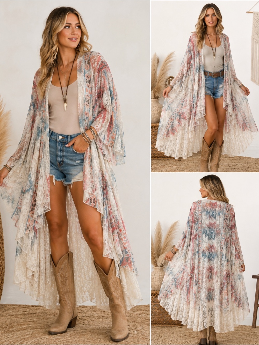 🌵 Origami Plus Boho Southwestern Lace Waterfall Duster Kimono